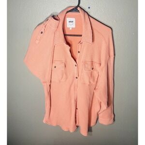 Aerie Waffle Knit Oversized Button Down Pockets Size LG Coral Pink Hue Warm Up